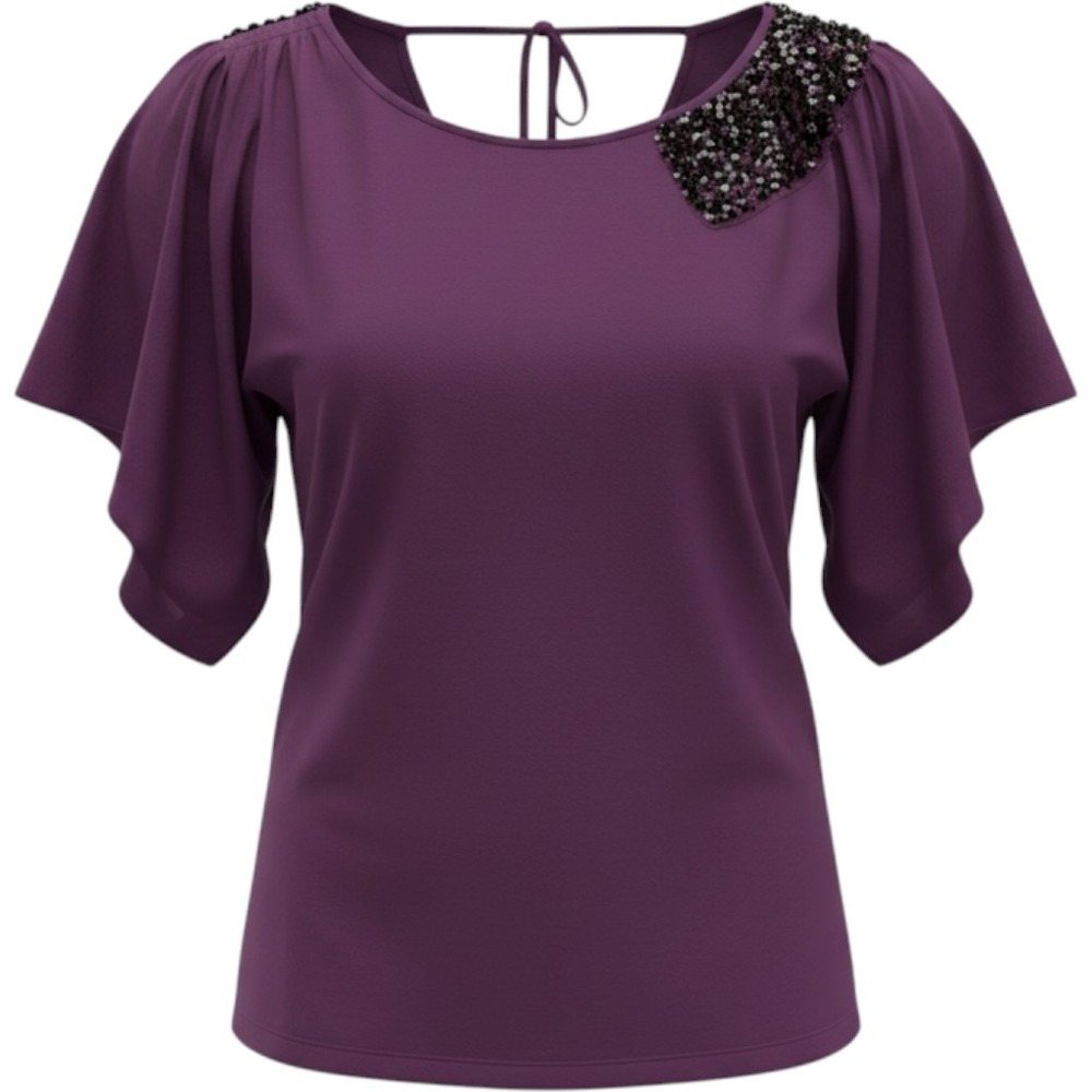 Cache Beaded Shoulder Top Womens Small Purple Flutter Sleeve Cowl Back 2554